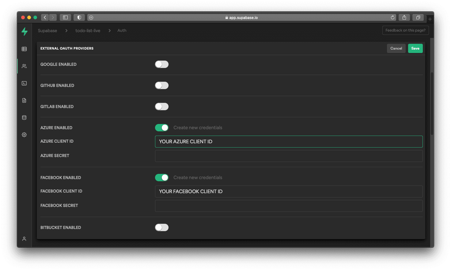 Supabase now supports Azure and Facebook Oauth providers