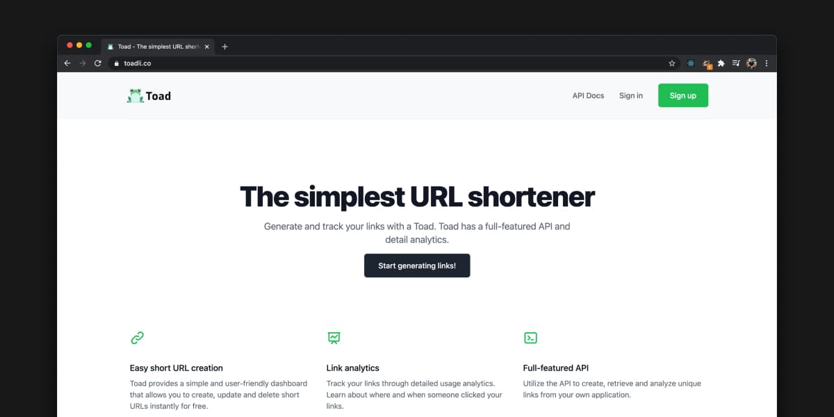 Toad, a link shortener with simple APIs for low-coders